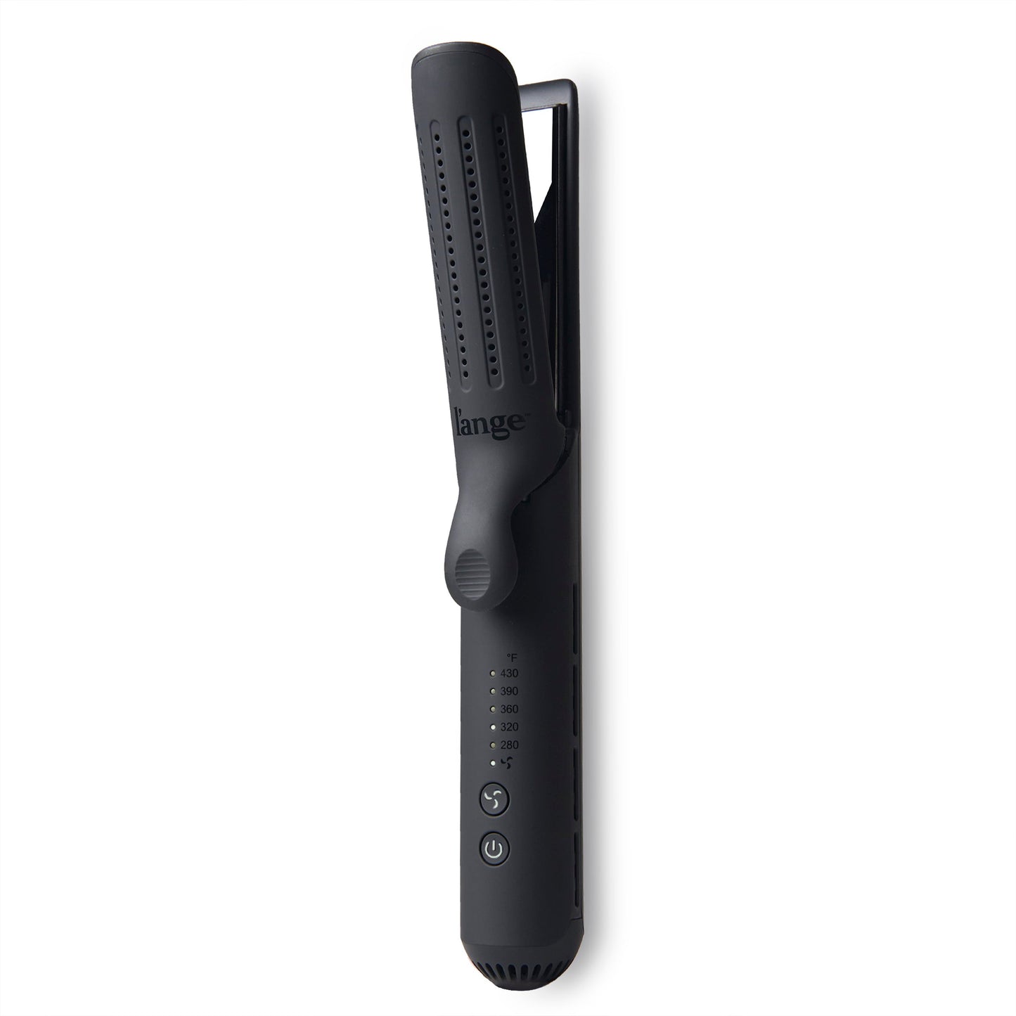 The black Le Duo is open & stands vertically, showing cooling vents, temperature range & more.